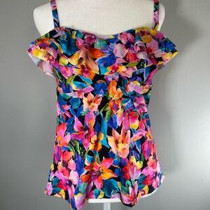 Floral Ruffle Bikini Tankini Top - Bright Hawaiin Multicolor